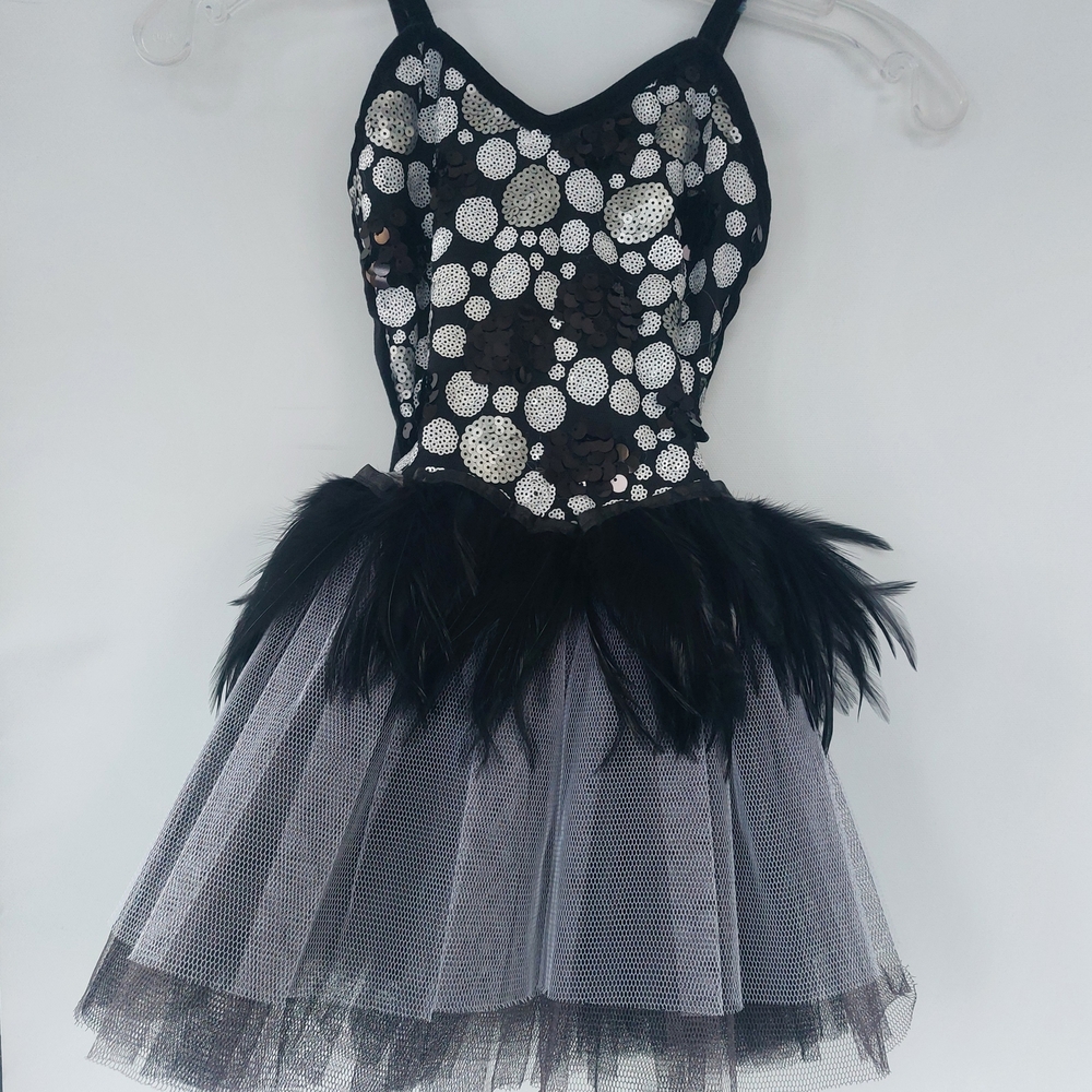 Dance dress for girls 8-10, Black and Silver, sequins, feathers and tule